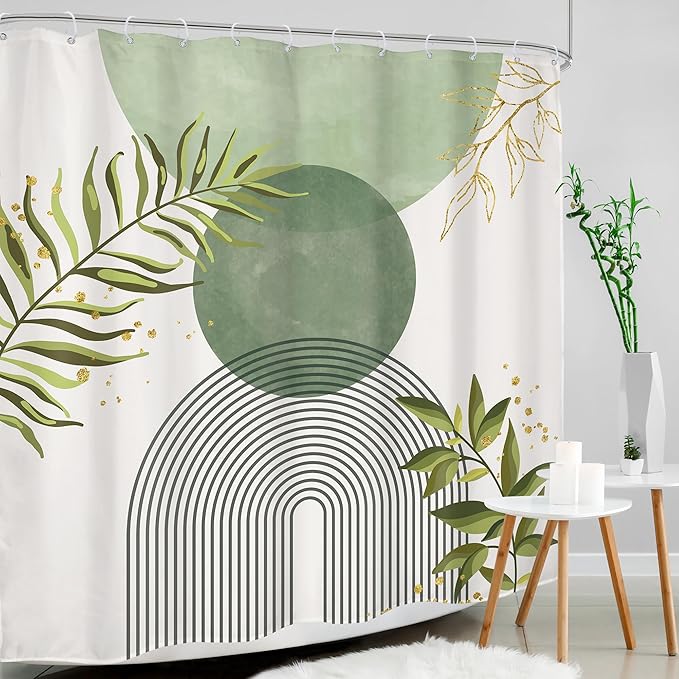 Sage Green Boho Shower Curtain 72Wx84H Extra Long Modern Abstract Bohemian Leaves Minimalist Neutral Botanical Arch Bathroom Decor Mid Century Plant Bath Curtain Fabric Polyester 12 Pack Hooks