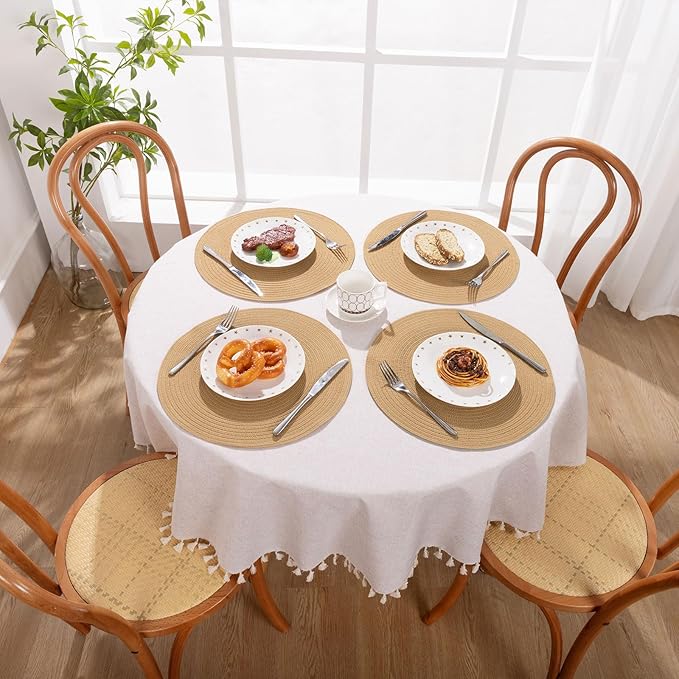SHACOS 15 inch Round Braided Placemats Set of 6 Non Slip Heat Resistant Round Table Mats Fabric Place Mats for Dinner Party Table Decoration (Camel, 6)