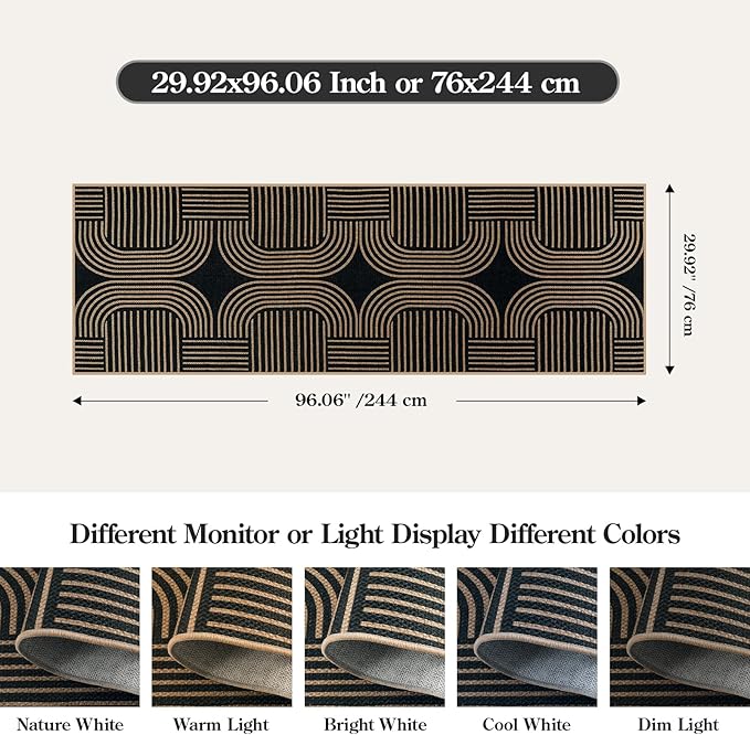 Lahome Modern Geometric Black Runner Rug, 2x8 Indoor Outdoor Hallway Kitchen Runner Rug with Rubber Backing, Farmhouse Washable Non Slip Non Shedding Floor Carpet for Bedroom Entry Patio