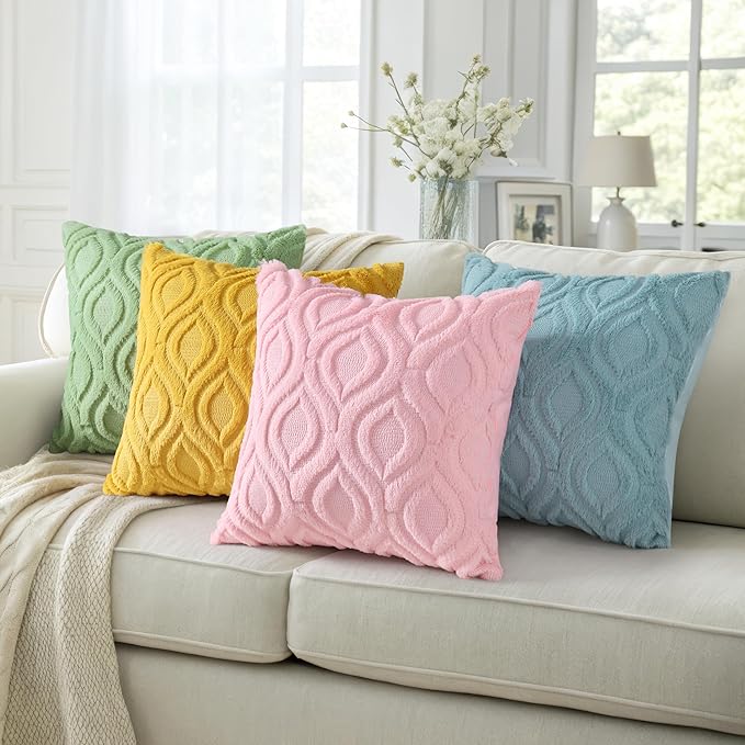 decorUhome Fall Throw Pillow Covers 24x24 Inch Set of 2, Soft Plush Decorative Faux Fur Aqua Solid Couch Pillow Covers, Accent Farmhouse Neutral Square Euro Pillow Cases for Sofa Bed Living Room