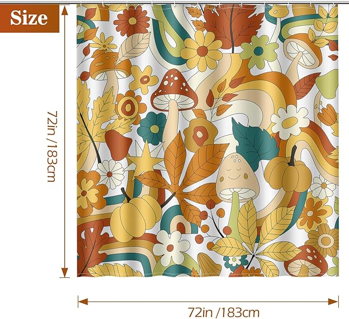 Aimego Cute Mushroom Shower Curtain - 70s Retro Boho Floral Plant Funky Groovy Flowers Hippie Fabric Cloth Bath Shower Curtain Set with 12 Hooks for Bathroom Decor Accessories, 72"x72"