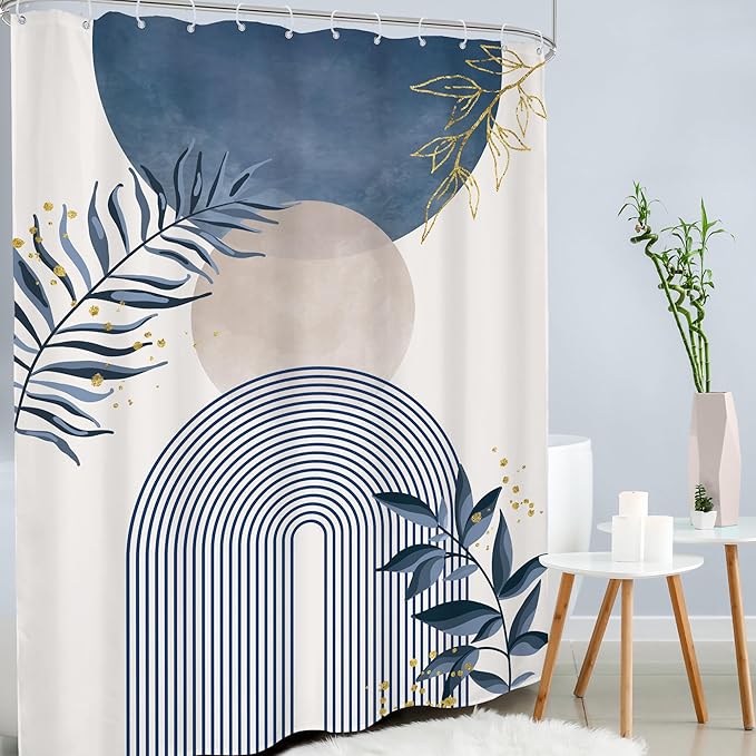 Blue Gray Boho Shower Curtain 72Wx96H Extra Long Modern Bohemian Abstract Dusty Blue Gold Leaves Mid Century Plant Bathroom Decor Minimalist Geometric Bath Curtain Fabric Polyester 12 Pack Hook