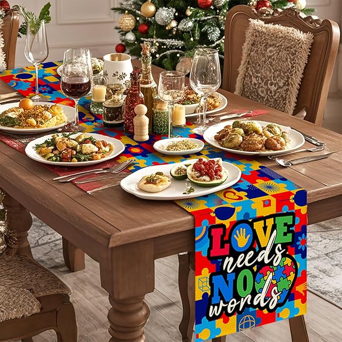 Autism Art Painting Burlap Table Runner Seasonal Spring Fall Kitchen Dining Linen Table Decoration for Indoor Outdoor Home Party Dinner 13x72 Inch
