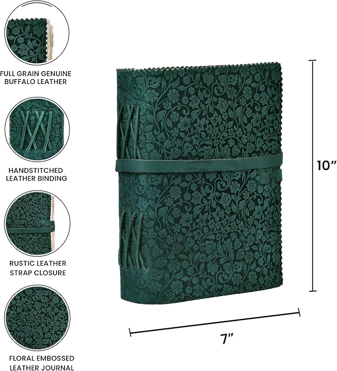 LEATHER VILLAGE Leather Bound Floral Embossed Journal for Women Men - 200 Pages, 10X7 Inches, Turquoise - Book of Shadows, Vintage Blank Paper Travel Diary, Notebook for Writing, Drawing, Sketchbook