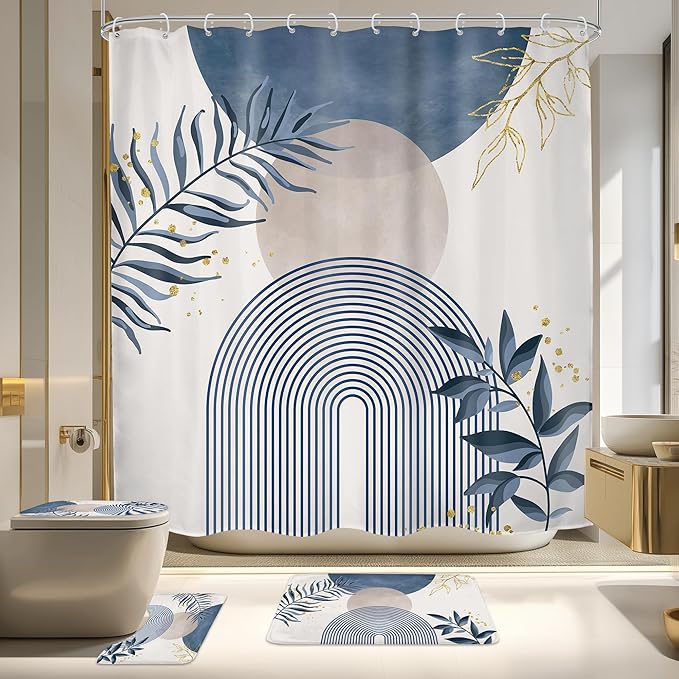 4 PCS Navy Blue Gray Boho 72Wx72H Shower Curtain Set Modern Mid Century Plant Bath Rug Toilet Lid Cover Nonslip U Shape Mat Quick Dry Rubber Backed Dirt Resistant Accessories Bathroom Decor