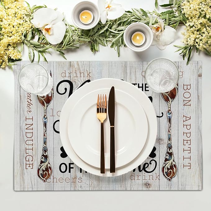 Giwawa The Kitchen is The Heart of The Home Placemats Set of 4, 12x18 Inch Farmhouse Vintage Style Cooking Sets Linen Table Place Mats Non-Slip Heat Resistance for Kitchen Dining Party Decor