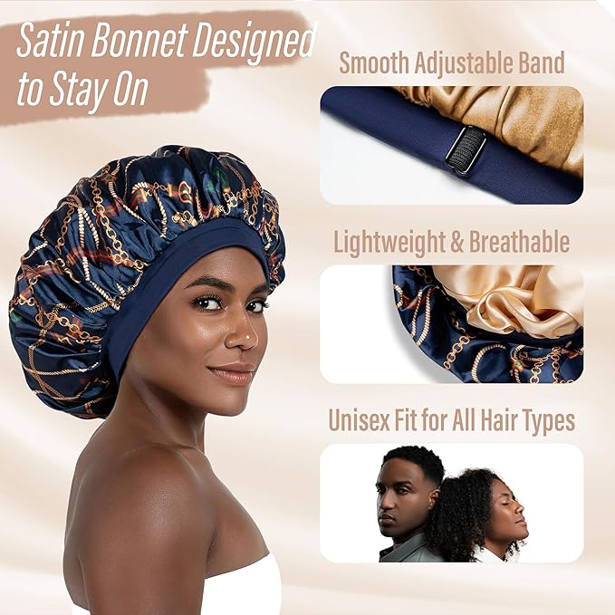 Satin Bonnet Adjustable Sleeping Silk Bonnet Black Women Men Double Layer Satin Silk Sleep Cap Hair Wrap Large Curly Hair