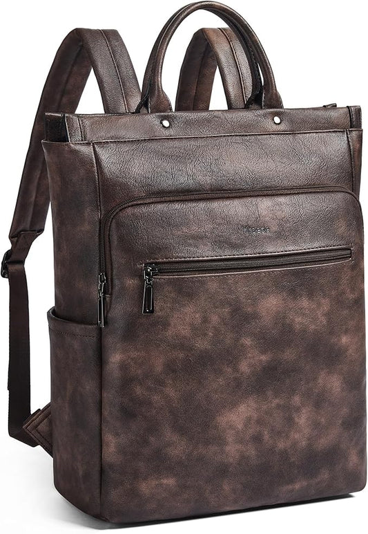 Leather Laptop Backpack for Women, Travel Backpack Purse Fits 15.6 Inch Laptop, Casual Daypack with Laptop Compartment for College Work Business Nurse Weekender, Coffee