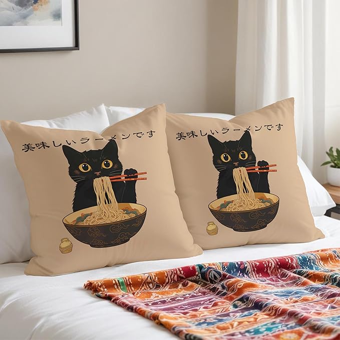 Funny Vintage Cute Anime Black Cat Japanese Ramen Noodles Pillow Covers 18x18, Aesthetic Black Cat Art Painting Decor Pillow Covers for Room Bedroom