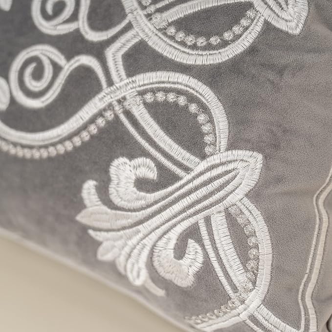 Aeckself 12 x 20 Inch European Cushion Cover Luxury Velvet Home Decorative Embroidery Floral Rectangle Throw Pillow Case Pillowcase for Couch Bed Living Room, Grey and White