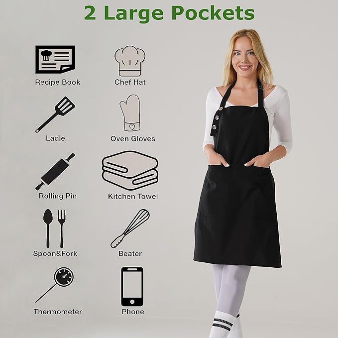 TOSHE Kitchen Apron Waterdrop Resistant Cotton Apron with adjustable Aprons for Women with Pockets 10 Color option Cooking Black Apron (Black)