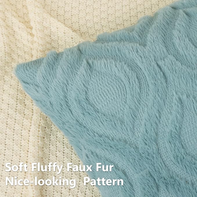 decorUhome Fall Throw Pillow Covers 24x24 Inch Set of 2, Soft Plush Decorative Faux Fur Aqua Solid Couch Pillow Covers, Accent Farmhouse Neutral Square Euro Pillow Cases for Sofa Bed Living Room