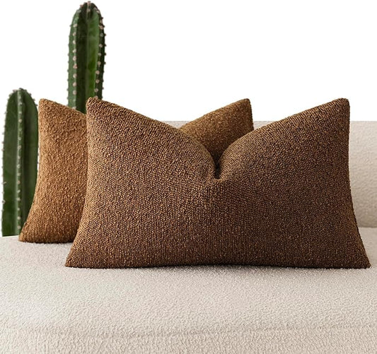 Foindtower Pack of 2 Textured Boucle Throw Pillow Covers Accent Solid Decorative Lumbar Pillow Cases Cozy Couch Cushion Case for Chair Sofa Bedroom Living Room Home Decor 12x20 Inch Hazel Brown