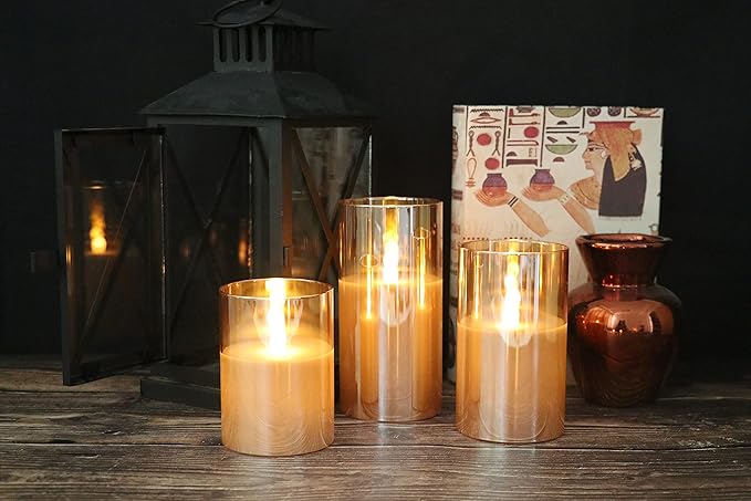 GenSwin Gold Glass Battery Operated Flameless Led Candles with 10-Key Remote and Timer, Real Wax Candles Warm White Flickering Light for Home Decoration(Set of 3)