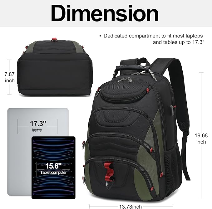 Boavan Laptop Backpack for men, 17.3 inch Laptop Bag with USB Port, Waterproof Travel Work Backpack Purse, Anti-Theft Teacher Nurse Doctor Casual Bookbags Office Business backpack，Black&Army Green