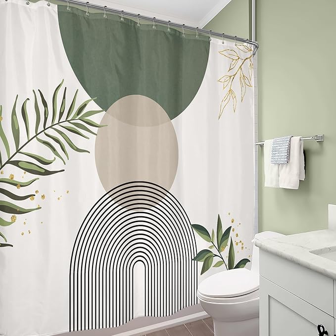 Extra Wide Boho Shower Curtain 180Wx70H Wrap Around Clawfoot Tub Curtain Sage Green Modern Bohemian Abstract Gold Leaves Mid Century Bathroom Decor Minimalist Bath Fabric Polyester 32 Pack Hook