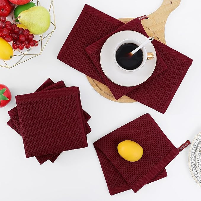 Homaxy 100% Cotton Waffle Weave Kitchen Dish Cloths, Ultra Soft Absorbent Quick Drying Dish Towels, 12 x 12 Inches, 8-Pack, Burgundy