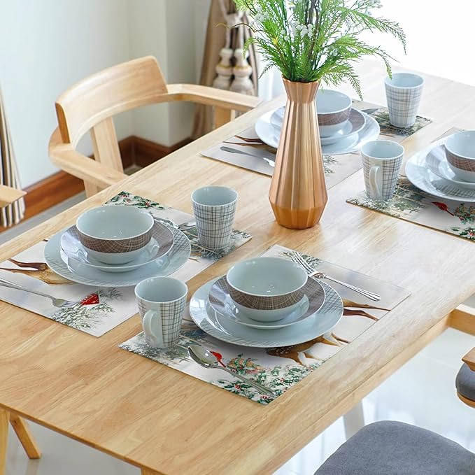 Giwawa Winter Deer Placemats Set of 4 12x18 Inch Christmas Reindeers Elk Moose Place Mat Xmas Trees Snow Wildlife Table Mats Washable Stain Resistance for Kitchen Dining Seasonal Party Decor