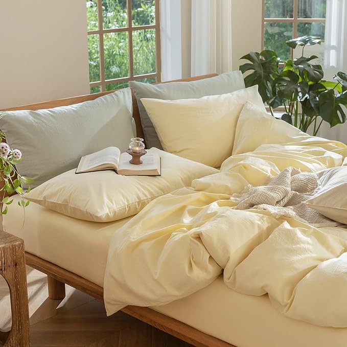 MooMee Bedding Duvet Cover Set 100% Washed Cotton Linen Like Textured Breathable Durable Soft Comfy (Heathered Butter Yellow, Palatial King/Oversized King 120"x98")