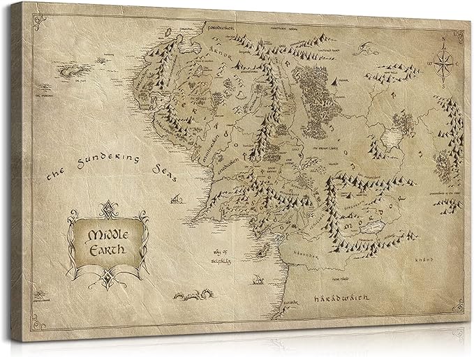 Middle Earth Map Wall Art Canvas Print - Fantasy Map of Middle Earth - 28''H x 40''W with Inner Wooden Frame - Lightweight & Easy to Hang - Perfect for Bedroom, Game Room Decor