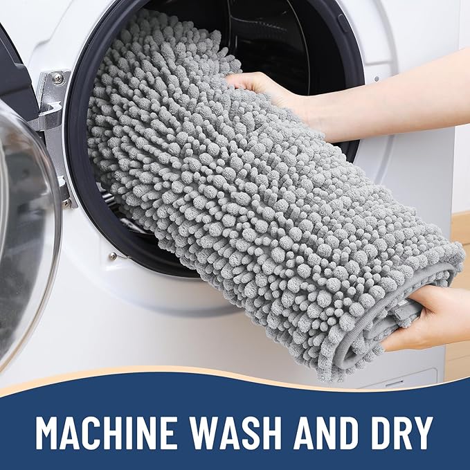 Arotive Luxury Chenille Bathroom Rug Mat, Extra Soft Thick Absorbent Shaggy Bath Rugs, Non-Slip Machine Wash Dry, Plush Bath Mats for Bathroom, Shower and Tub, 47x24, Light Grey