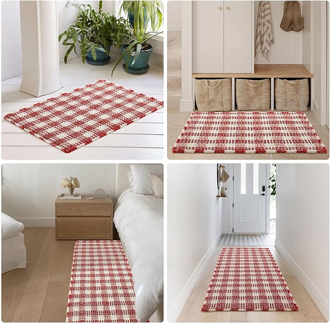 Waffle Bath Mat, Boho Bathroom Rugs Non Slip Washable Absorbent Checkered Bathroom Mat Quick Dry Cute Bath Mat, 48"x24" Red and White