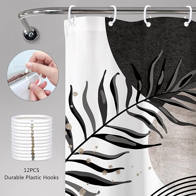 Black Grey Boho Shower Curtain 60Wx72H Bohemian Mid Century Modern Abstract Gray Gold Leaves Plant Minimalist Geometric Bathroom Decor Arch Neutral Bath Curtain Fabric Polyester 12 Pack Hooks