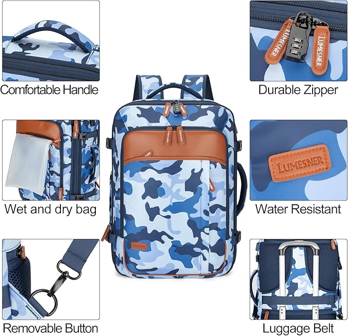 Carry on Travel Backpacks, Extra Large 40L Flight Approved Bag for Men & Women,Expandable Suitcase Backpack With 4 Packing Cubes,Water Resistant Luggage Daypack Business Weekender Bag,Camouflage Blue