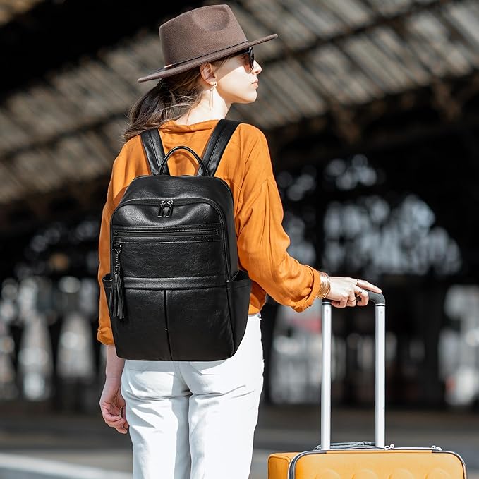 Leather Laptop Backpack for Women, 15.6" Causal Daypack Backpacks Purse Computer Backpack with Laptop Compartment for Travel Work College Business, Black