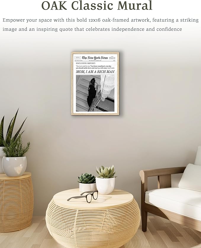 EcoHest Trendy Newspaper Framed Wall Art, 12x16 in OAK Wood Mom I Am a Rich Man Canvas Art, Magazine Girly Poster College Dorm Decor, Beige Logs Set of 1 for Bedroom Living Room