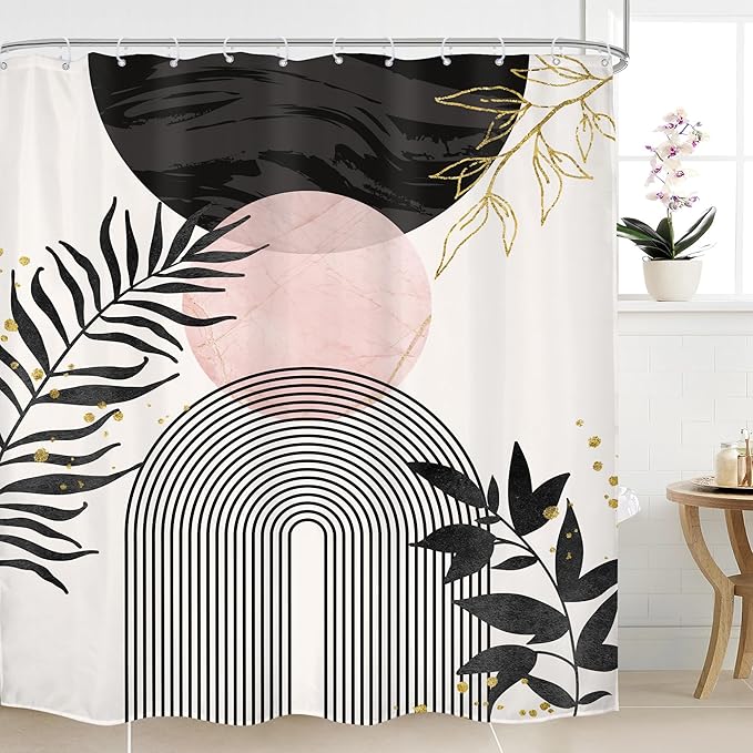 Black Pink Boho Shower Curtain Mid Century Modern Abstract Bohemian Minimalist Gold Leaves Sun Arch Geometric Plant 60Wx72H Bathroom Decor Neutral Bath Curtain Fabric Polyester 12 Pack Hooks