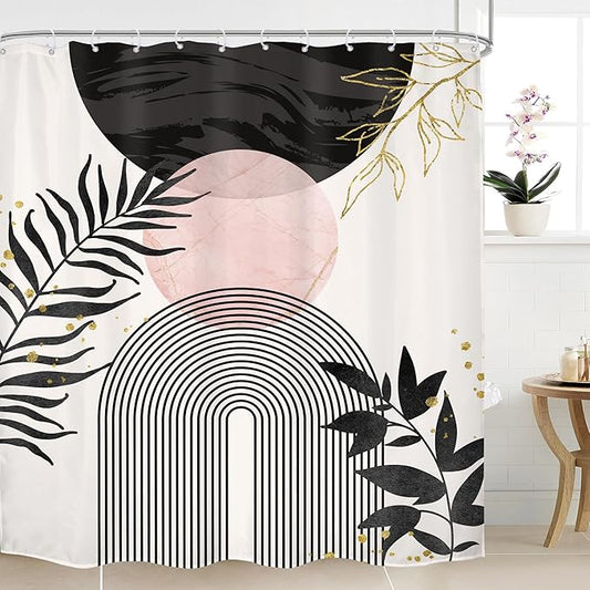 Black Pink Boho Shower Curtain Mid Century Modern Abstract Bohemian Minimalist Gold Leaves Sun Arch Geometric Plant 60Wx72H Bathroom Decor Neutral Bath Curtain Fabric Polyester 12 Pack Hooks