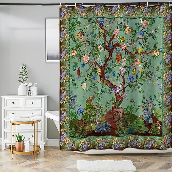 Bohemian Bathroom Curtain Colorful Boho Floral Print Beautiful Bright Polyester Fabric Cloth Shower Curtain for Bathroom Decoration, 72"x72"