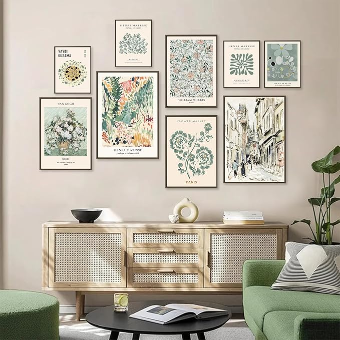 Sage Green Wall Art Prints Eclectic Decor, ASTRDECOR 9 PCS Sage Green Wall Decor Aesthetic, Green Matisse Wall Art Exhibition Poster Set, Bathroom, Hallway- Unframed