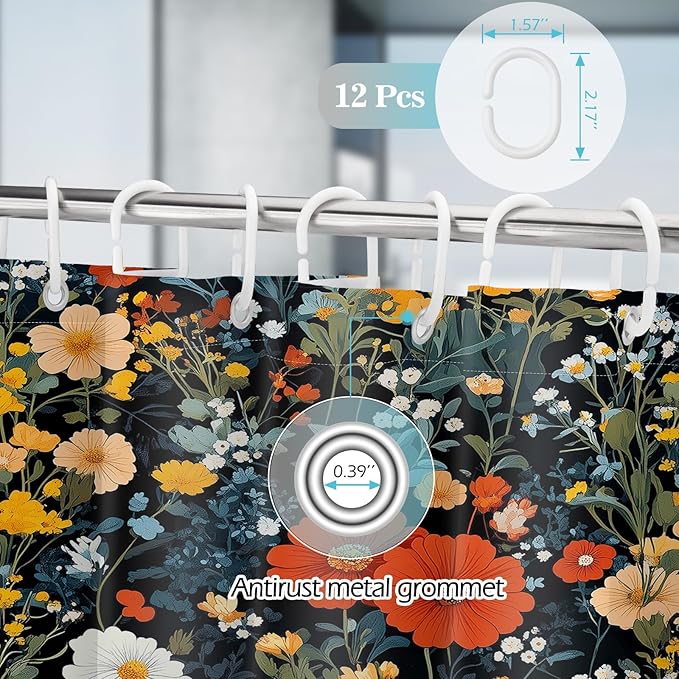 Aimego Black Floral Shower Curtain - Colorful Red Dark Flowers Spring Plants Boho Chic Botanical Leaves Fabric Cloth Bath Shower Curtain Set with 12 Hooks for Bathroom Decor Accessories, 72"x72"