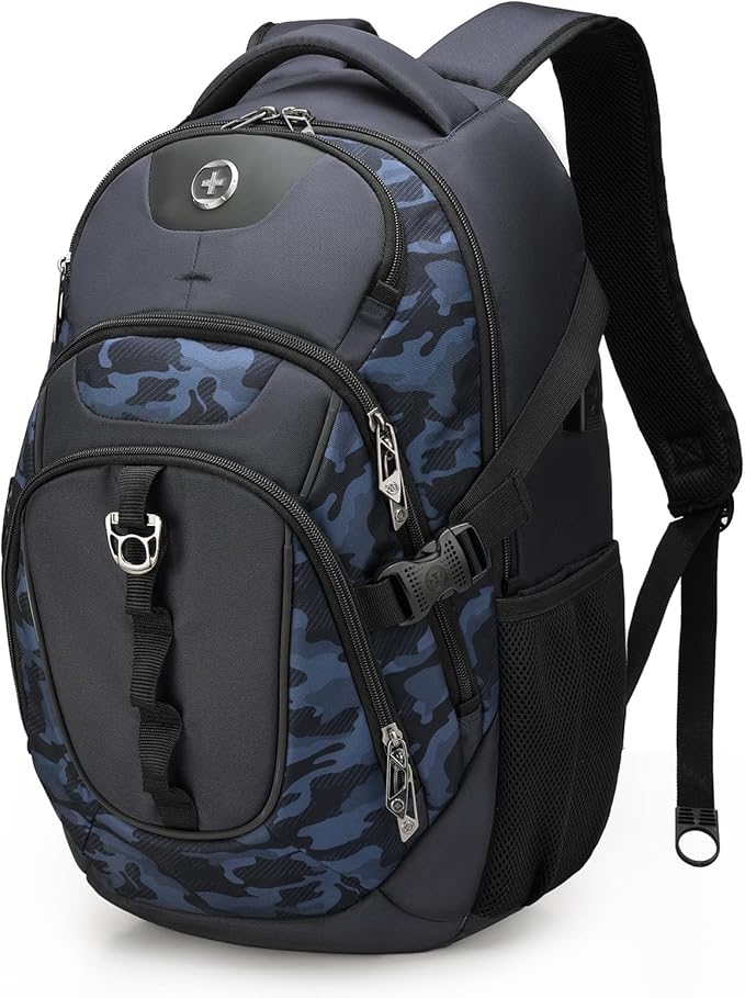 Swissdigital Design Laptop Backpack with USB Charging Port, Travel Backpack Fits 15.6 inches Computer, 31L College School Backpack for Men, Blue Camo | SD803