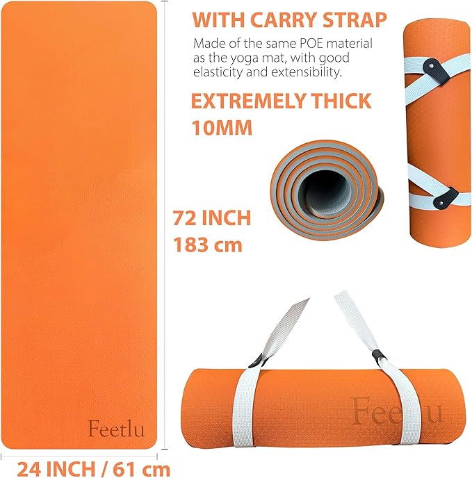 Extra Thick Exercise Yoga Mat with Strap - 2/5 Inch (10MM), Non-Slip Workout Mat for Yoga, Pilates, and Floor Exercises