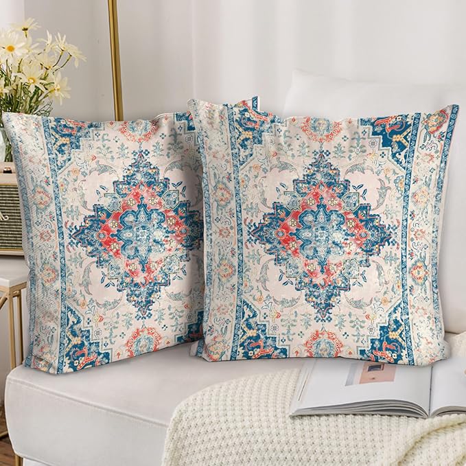 Boho Throw Pillow Covers 16x16 inch Set of 2,Bohemian Vintage Carpet Pattern Antique Ethnic Decor Double Sided Pattern Cushion Cover Soft Pillow Case Living Sofa Room Bed Square Pillow Cover