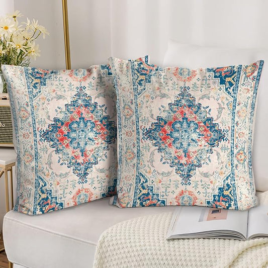 Boho Throw Pillow Covers 16x16 inch Set of 2,Bohemian Vintage Carpet Pattern Antique Ethnic Decor Double Sided Pattern Cushion Cover Soft Pillow Case Living Sofa Room Bed Square Pillow Cover