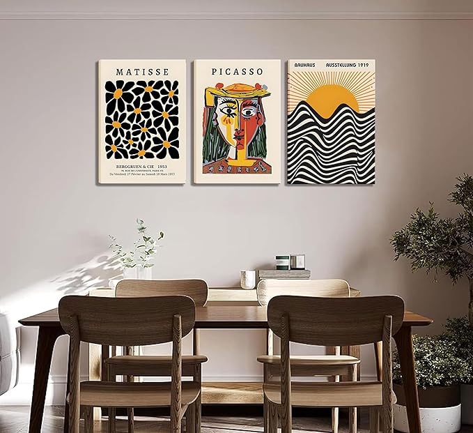 3 Pack Framed Gallery Wall Art Picasso Matisse Bauhaus Set Canvas Prints Abstract Paintings Posters Orange Black Modern Minimalist Wall Decor Pictures Suitable for Bedroom Living Room Decor (Framed,