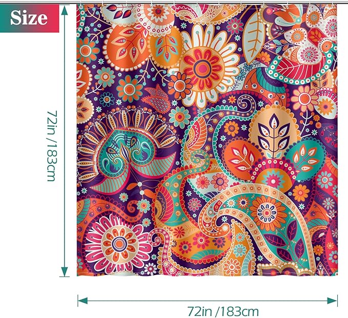Aimego Boho Paisley Floral Shower Curtains - Mandala Indian Bohemian Colorful Flowers Bath Shower Curtain Set with 12 Hooks for Adults Kids Bathroom Decor Accessories, 72"x72"