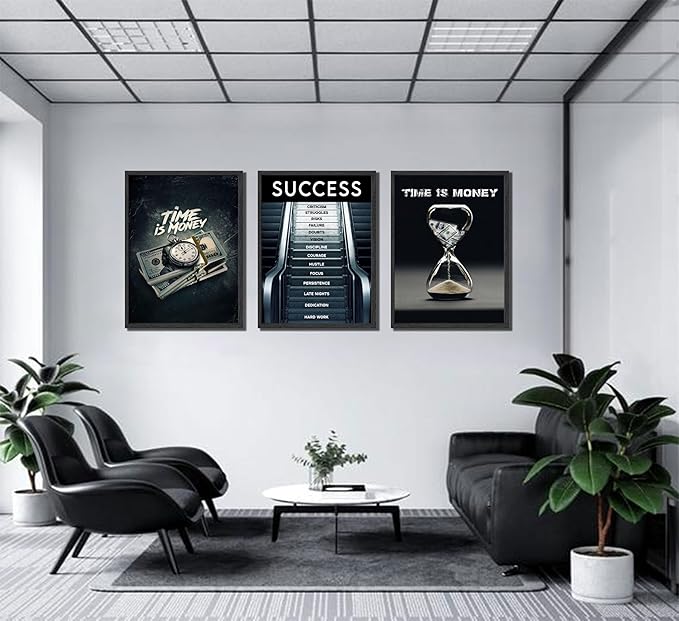3Pcs Time Is Money Wall Art Paintings Office Wall Decor Pictures Inspirational Quotes Posters Prints Road to Success Canvas Paintings of Man Cave Living Room Bedroom Office Decor unframed