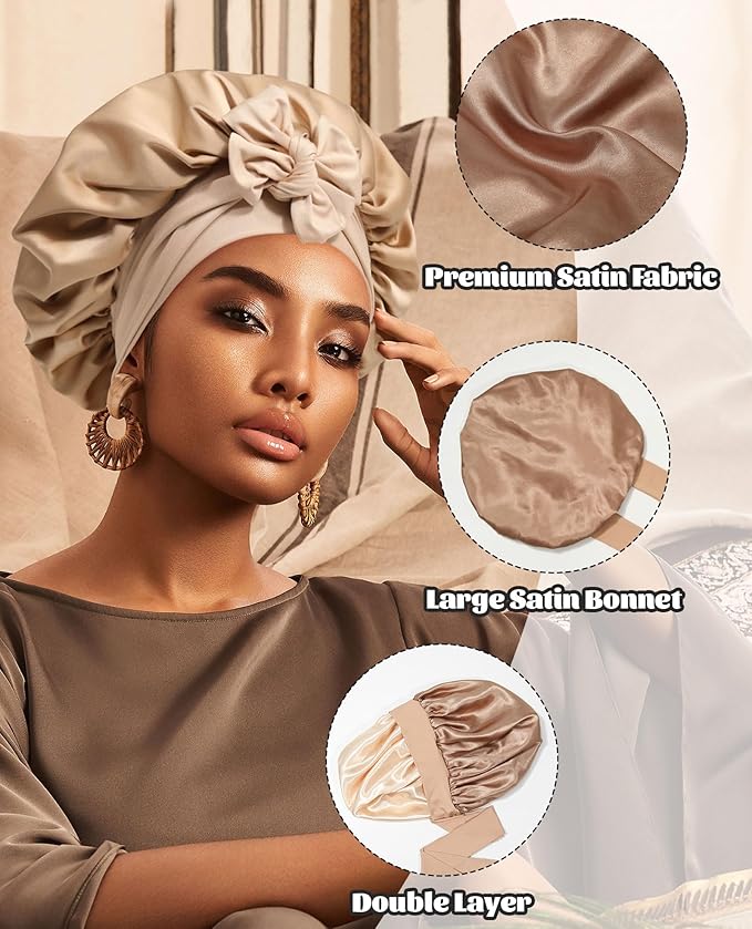 Satin Bonnet Silk Bonnet for Sleeping Silk Sleep Cap Double Layer Hair Bonnet with Elastic Tie Band for Curly Hair Night Cap (Coffee + Champagne)