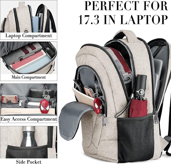 Backpack for Women and Men, Extra Large School Backpacks for Teens, Water Resistant Back Pack with USB Charging Port Fits 17 Inch Laptop, Business Anti Theft Sturdy Computer Bag Gifts, Beige