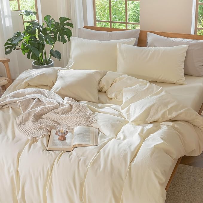 MooMee Bedding Duvet Cover Set 100% Washed Cotton Linen Like Textured Breathable Durable Soft Comfy (Solid Cream White, Oversized Queen 98"x98")