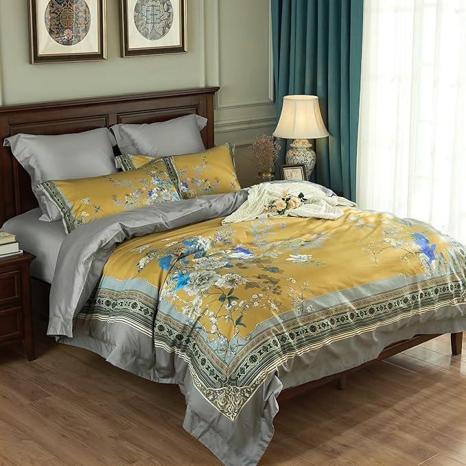 mixinni King Size Duvet Cover Set - 3PC Garden Style Long Staple Cotton Golden Floral Bedding, Chinoiserie Chic Botanical Print, Reversible Design, Zipper Closure, Soft & Breathable for Him & Her