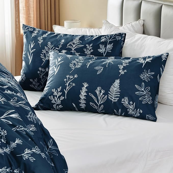 MUXHOMO Duvet Cover Queen Size, Reversible Floral Navy Duvet Cover Set with Zipper Closure, 3 Pieces Botanical Patterns Soft Microfiber Bedding Set with 4 Ties (90"x90", 2 Pillow Cases)