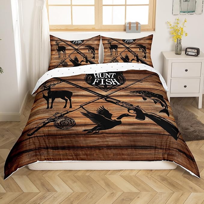 Hunt Fish Duvet Cover Set King Size,Rustic Farmhouse Wooden Barn Comforter Cover with 2 Pillowcases,Deer Bird Fish Wild Animal Hunting Brown Bedding Set for Boys Teens Hunter Gift, (No Comforter)