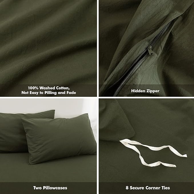 FOSSA Duvet Cover Set 100% Washed Cotton Linen Feel Super Soft Breathable Cozy 3 Pieces Bedding Sets Solid Olive Green Super Queen