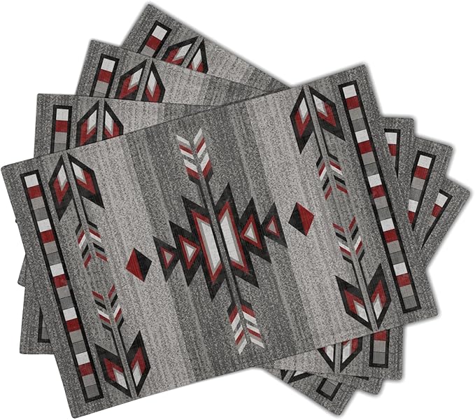 Giwawa Southwestern Placemats, Grey Red Tribal Geometric Decorative Table Mats, Native American Ethnic Farmhouse Non-Slip Place Mat for Dining Kitchen Party, 12x18Inch, Set of 4